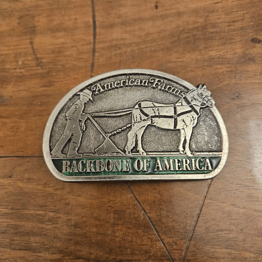 Vintage American Farms Backbone Of America Belt Buckle Silver Tone Green